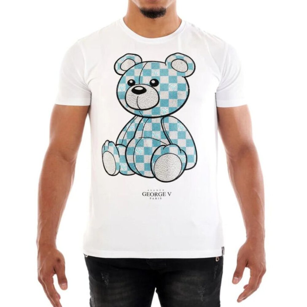 Avenue George V Paris Luxury White T-Shirt Rhinestone Teddy Bear Large X-Large